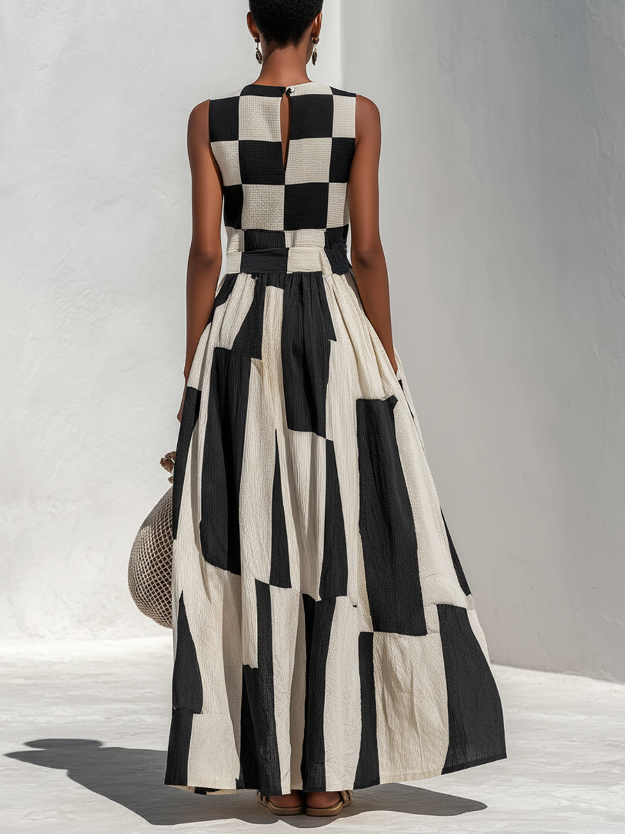 Greta | Black and White Checked Sleeveless Maxi Dress
