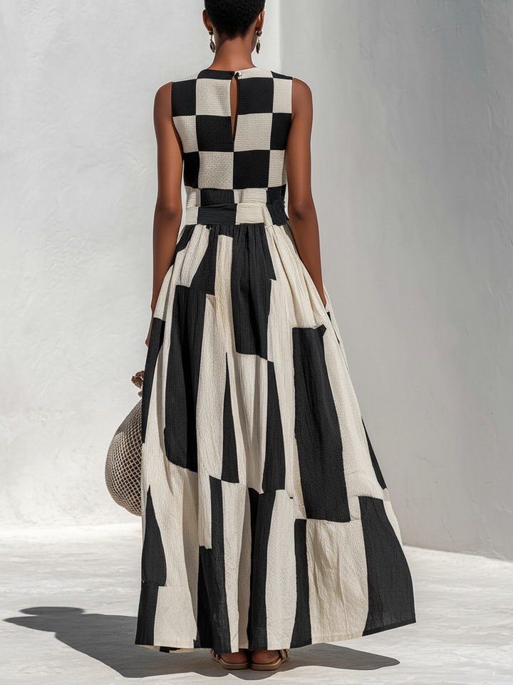 Greta | Black and White Checked Sleeveless Maxi Dress