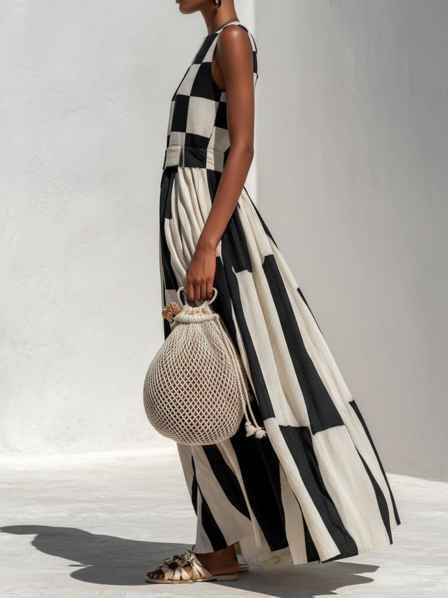 Greta | Black and White Checked Sleeveless Maxi Dress
