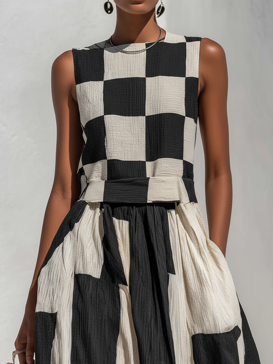 Greta | Black and White Checked Sleeveless Maxi Dress