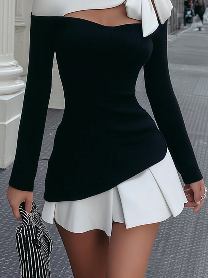 Mia | White and Black Mini Dress with Bow Strap Detail