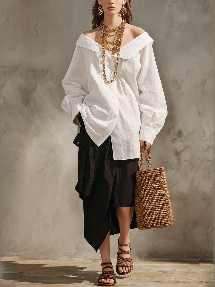 Vera | White Shirt Black Midi Skirt