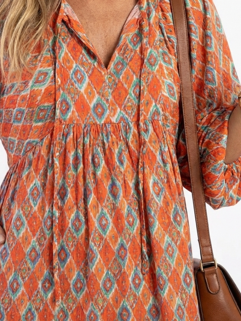 Marisette | Geometric Print V-Neck Tiered Midi Dress