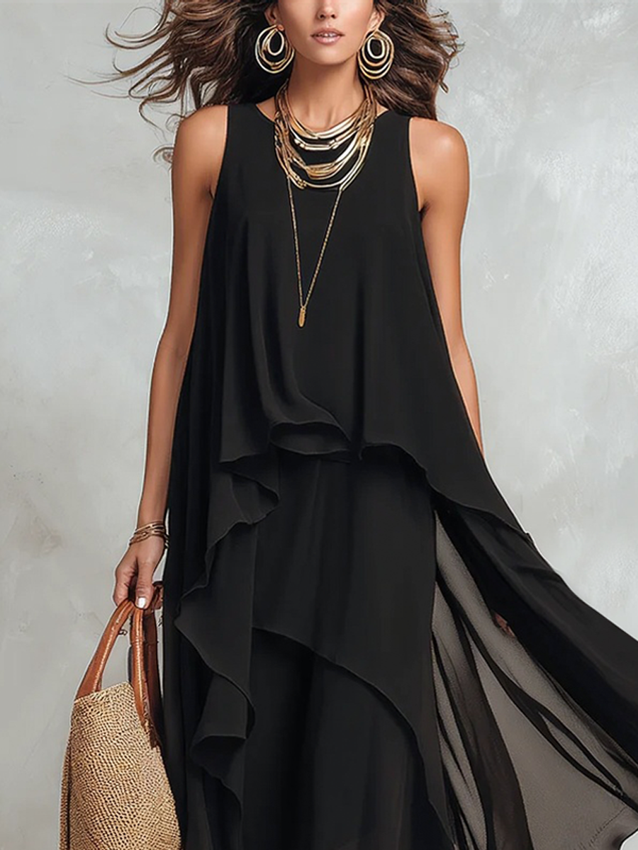 Juniper | Black Layered Chiffon Maxi Dress