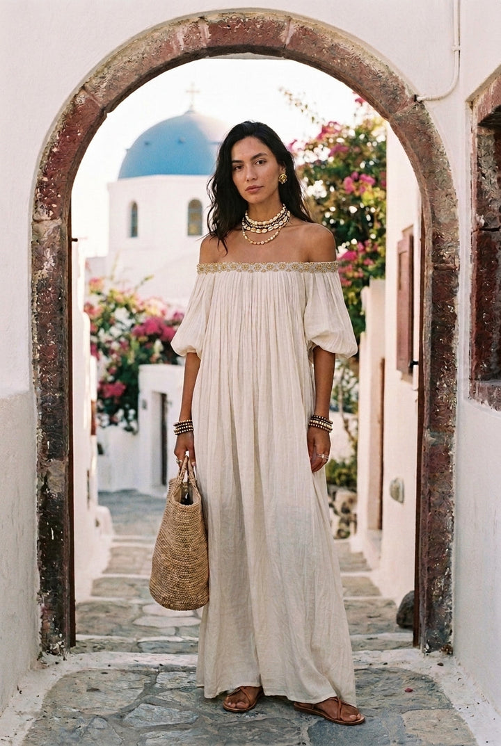 Inez | Pleated Off-Shoulder Maxi Dress