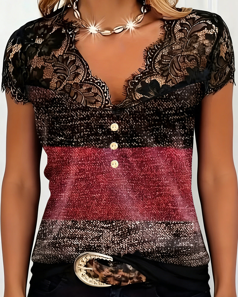 Sharon | V-Neck Tee with Lace Patchwork