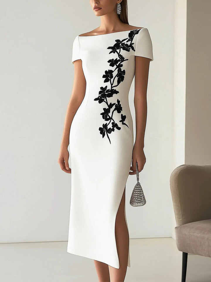 Audrey | Chic Floral Midi Dress, Boat Neckline
