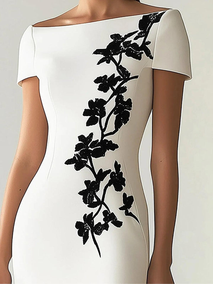 Audrey | Chic Floral Midi Dress, Boat Neckline