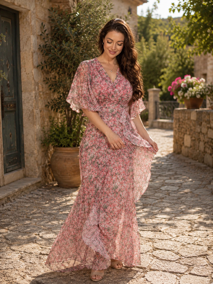 Camilla | Long Floral Wrap Dress with Butterfly Sleeves