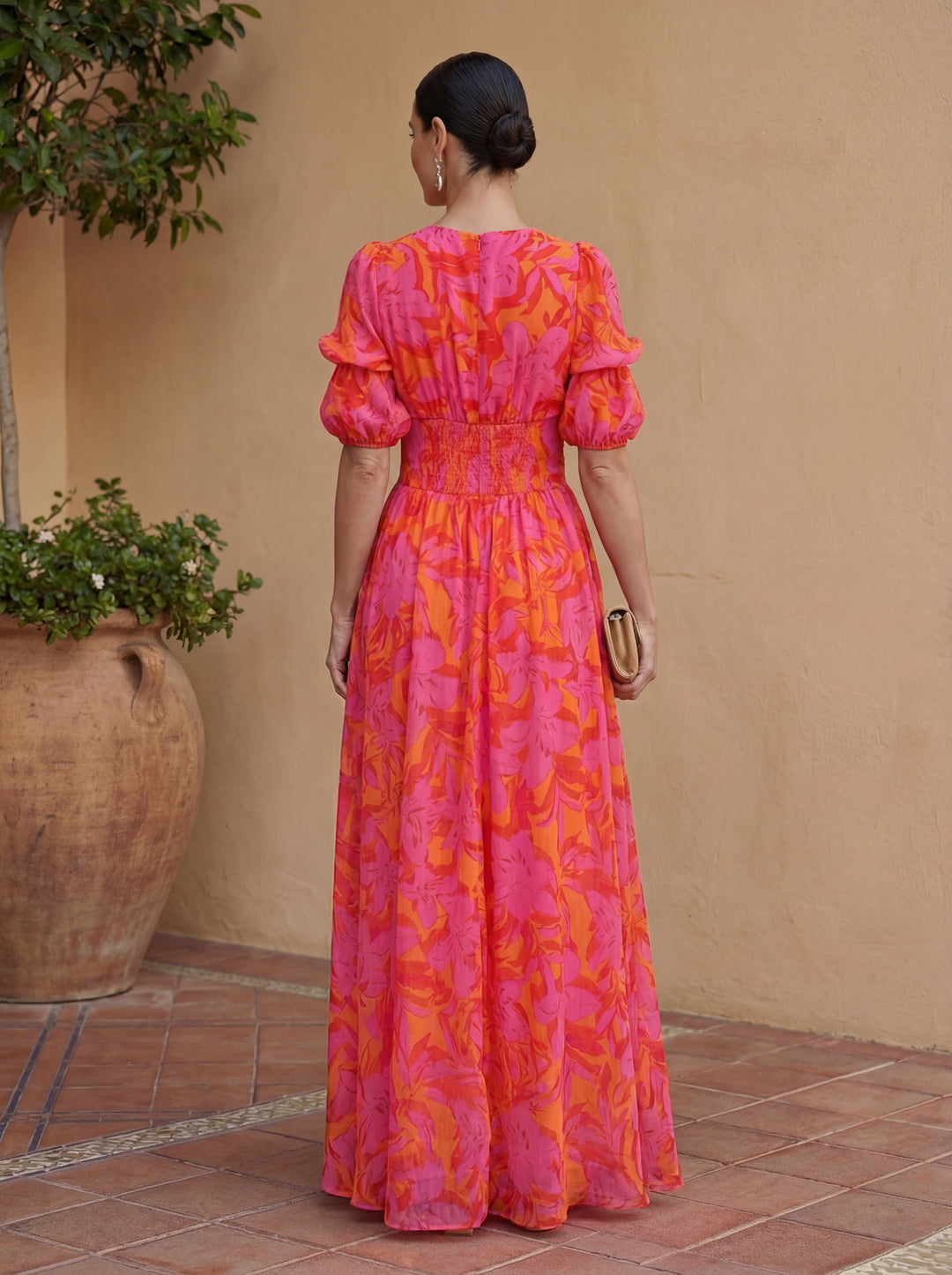 Oliva | Floral Maxi Dress with Puff Sleeves and V-Neck