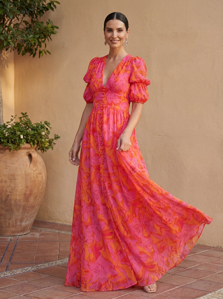 Oliva | Floral Maxi Dress with Puff Sleeves and V-Neck