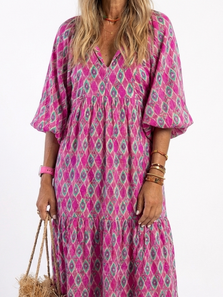 Apolline | Three Quarter Sleeve Patterned Midi Dress