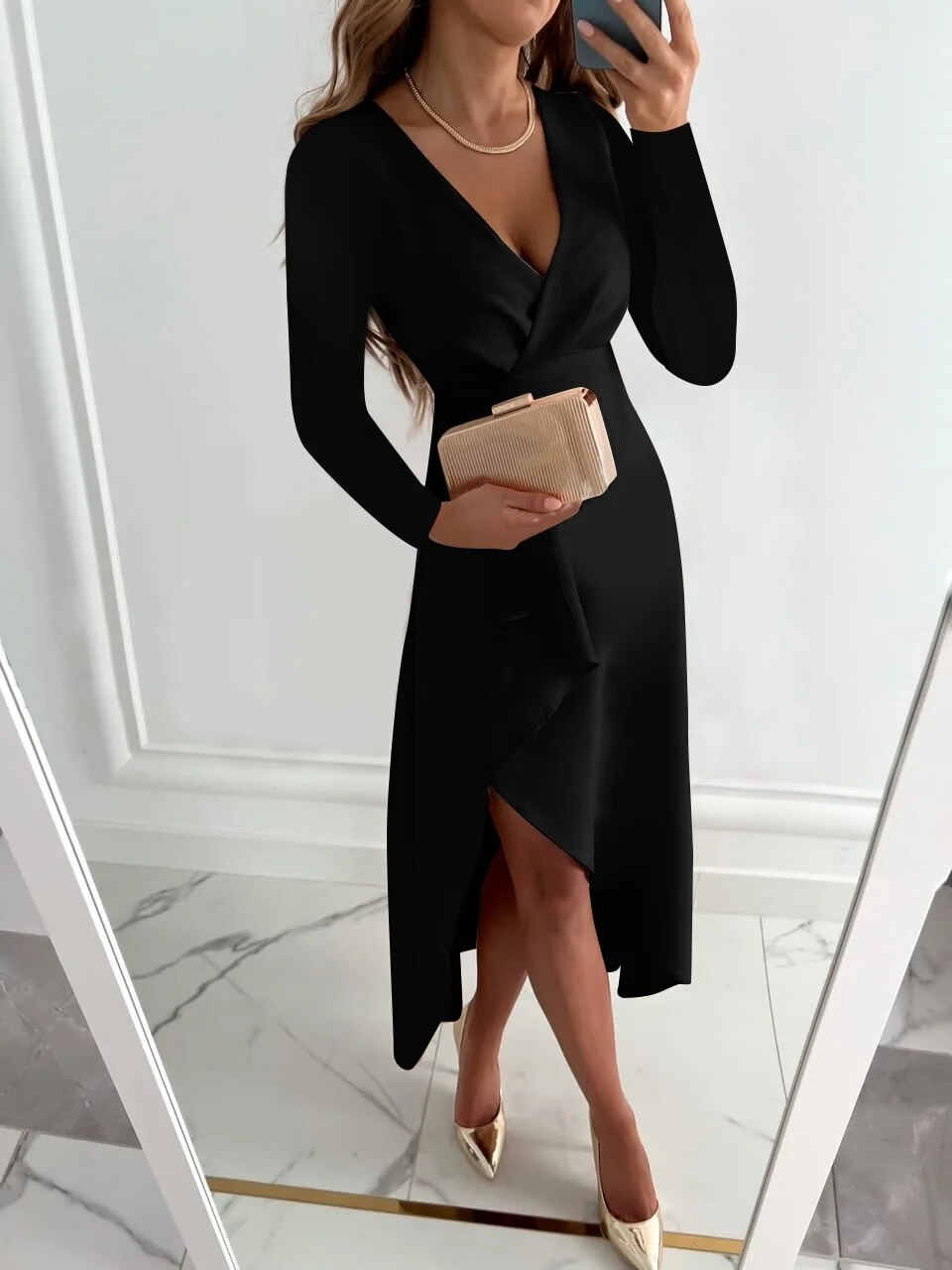 Wren | Long Sleeve Tapered Midi Dress with V-Neck and Slit