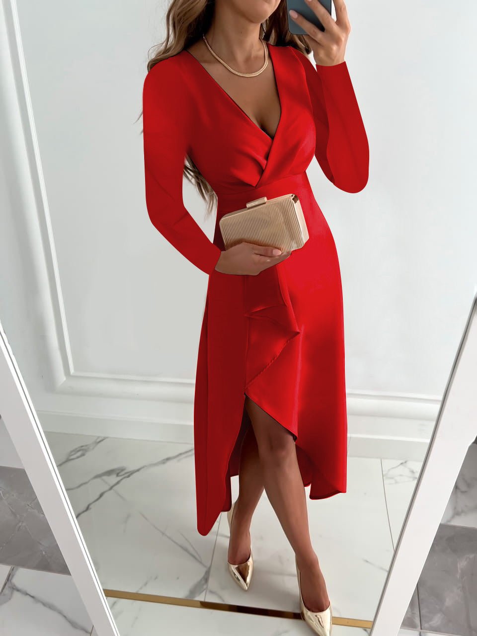 Wren | Long Sleeve Tapered Midi Dress with V-Neck and Slit