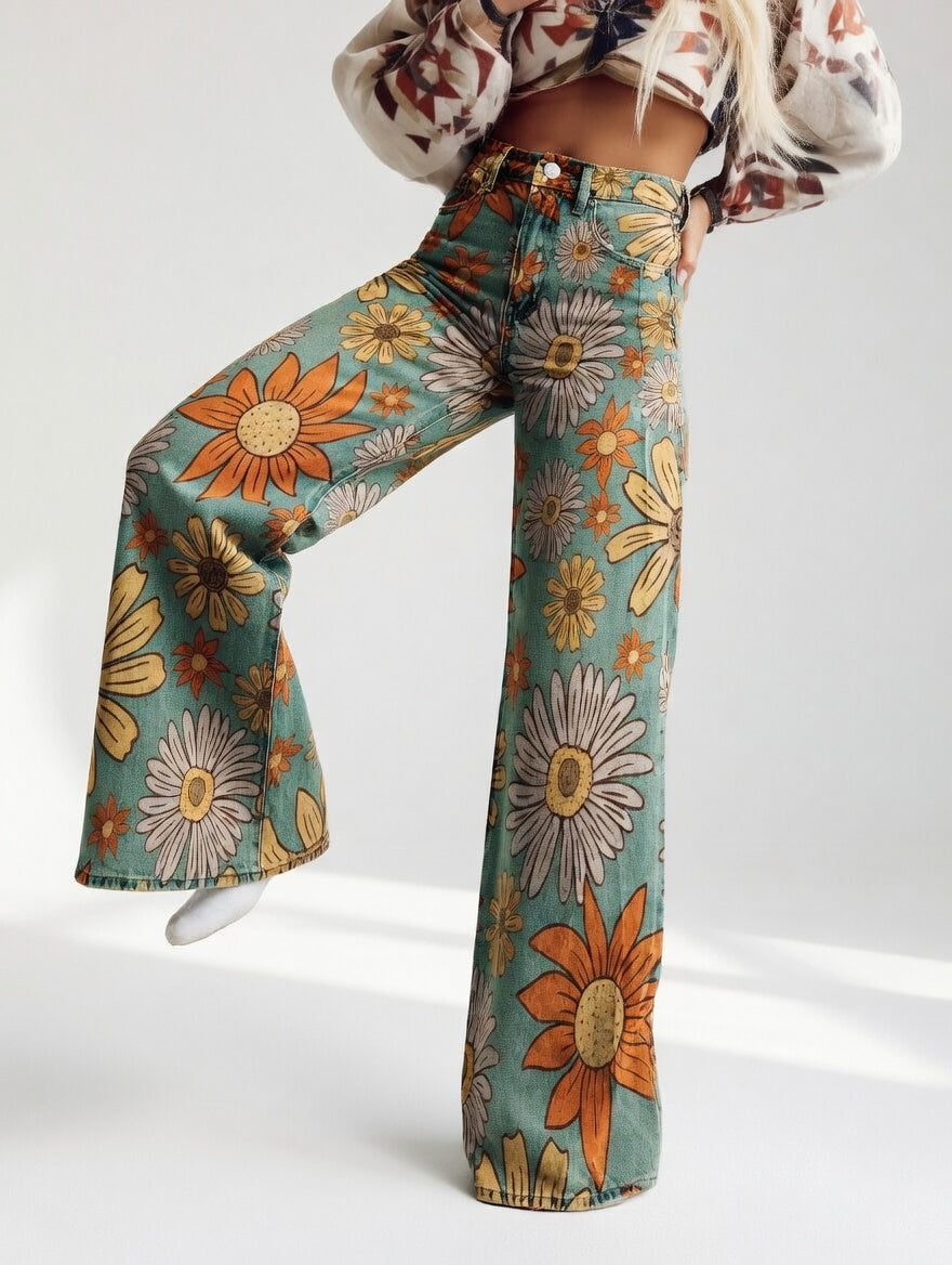 Dimity | Vintage Floral Print Wide Leg Retro Pants
