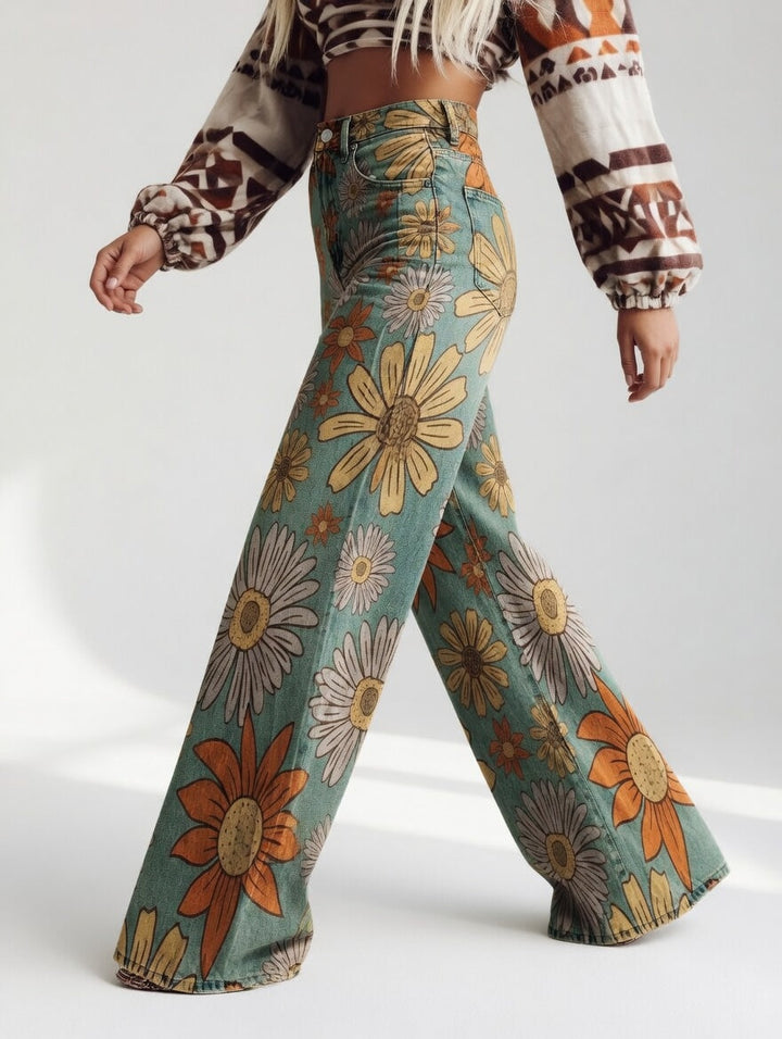Dimity | Vintage Floral Print Wide Leg Retro Pants