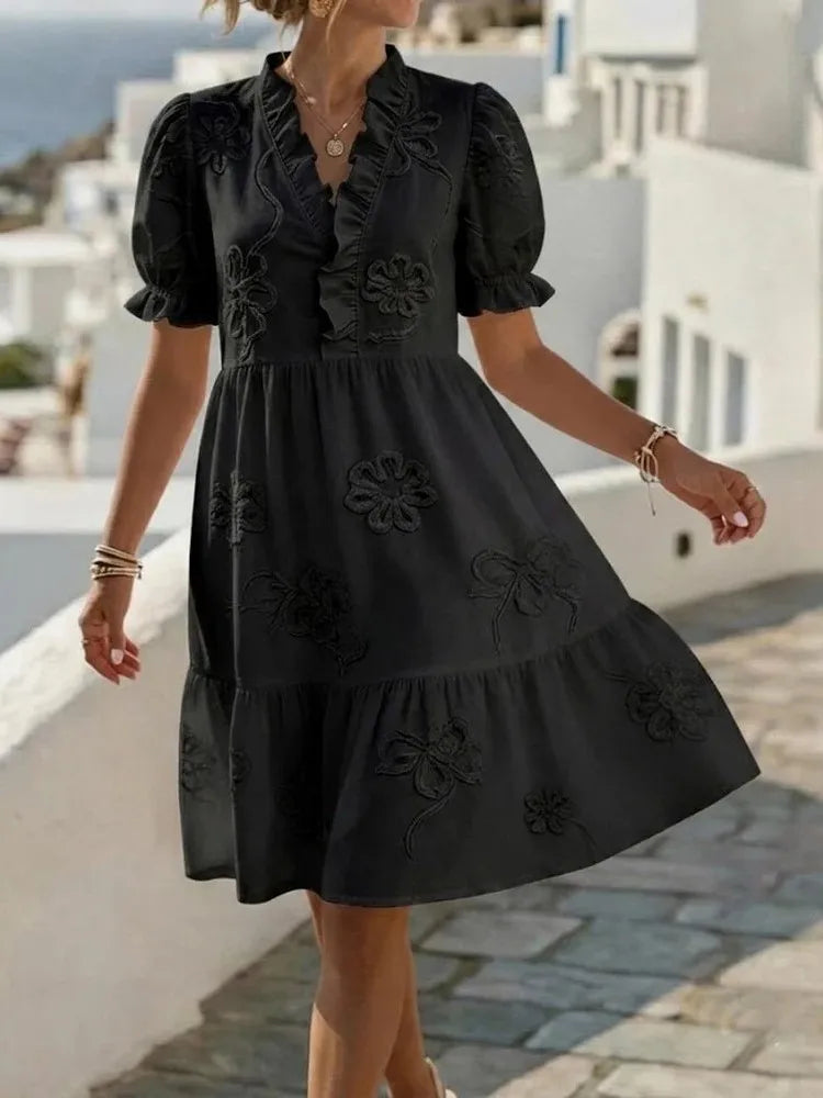 Pearl's Embroidered Puff Sleeve Dress