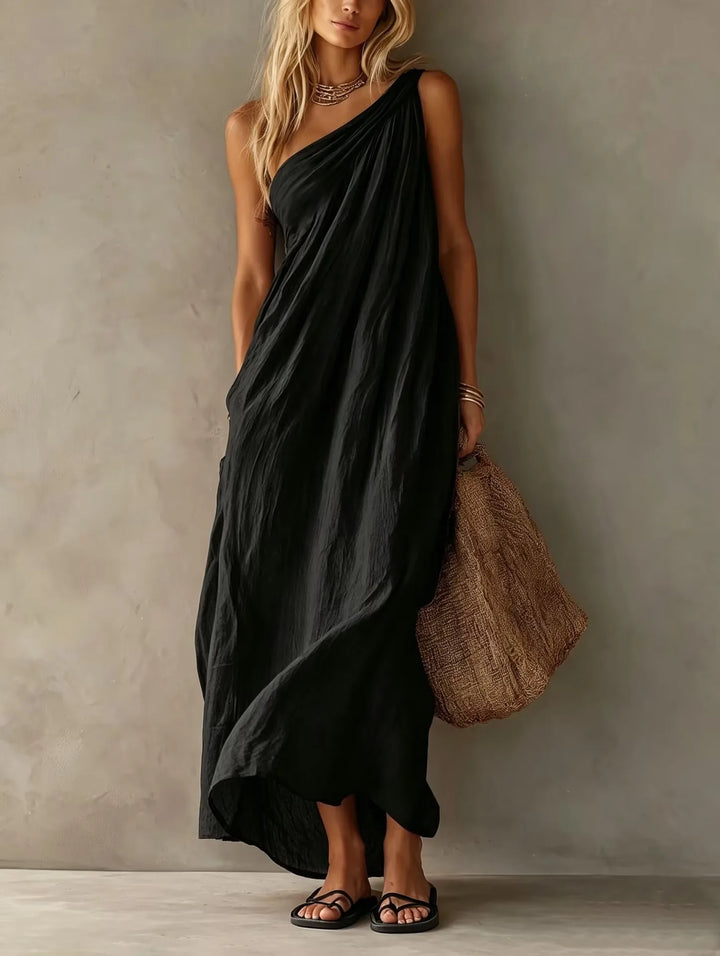 Thea | One-Shoulder Draped Linen-Look Maxi Dress