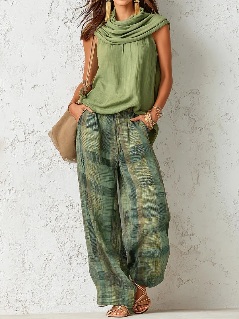 Winnie sage green plaid linen vest and wide-leg pants set