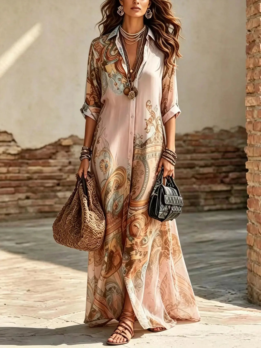 Saffron | Boho Print Button-Down Shirt Maxi Dress