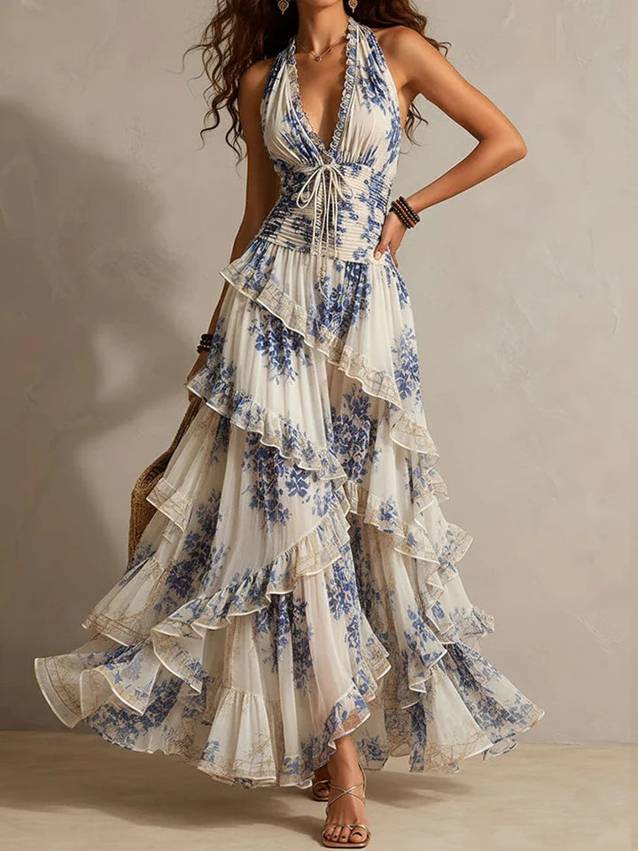 Mireille | Ruffled Halter Backless Print Maxi Dress