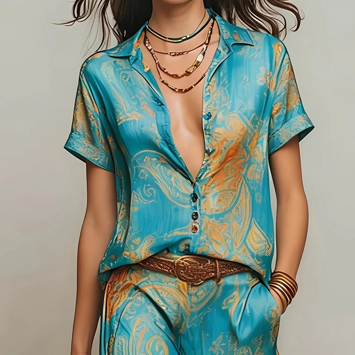 Sabine | Vintage Print Two-Piece Shirt and Wide-Leg Set
