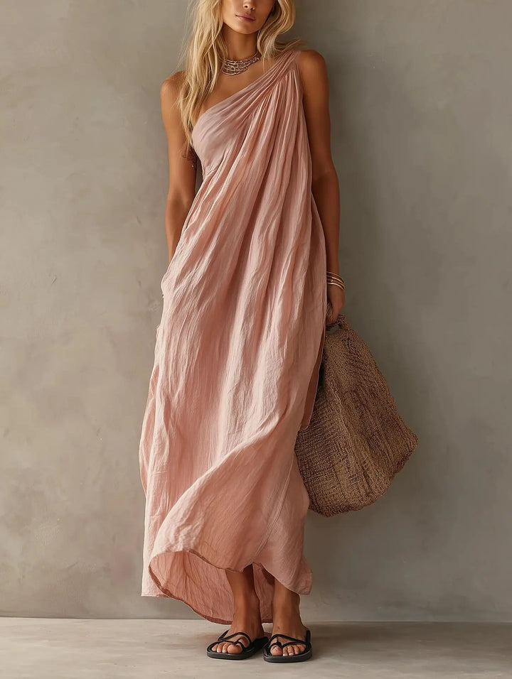 Thea | One-Shoulder Draped Linen-Look Maxi Dress