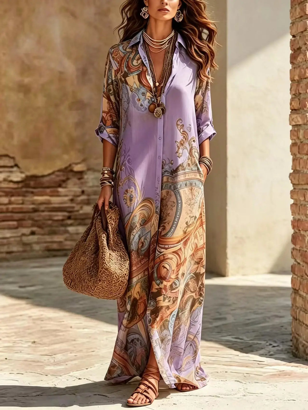 Saffron | Boho Print Button-Down Shirt Maxi Dress