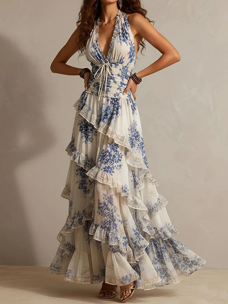Mireille | Ruffled Halter Backless Print Maxi Dress