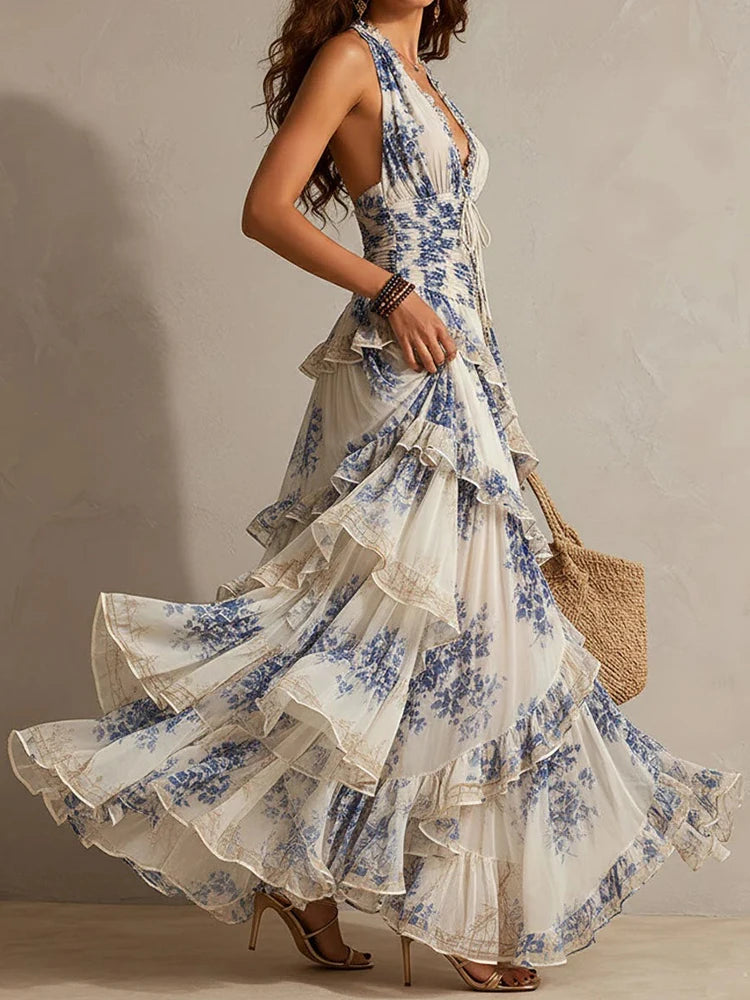 Mireille | Ruffled Halter Backless Print Maxi Dress