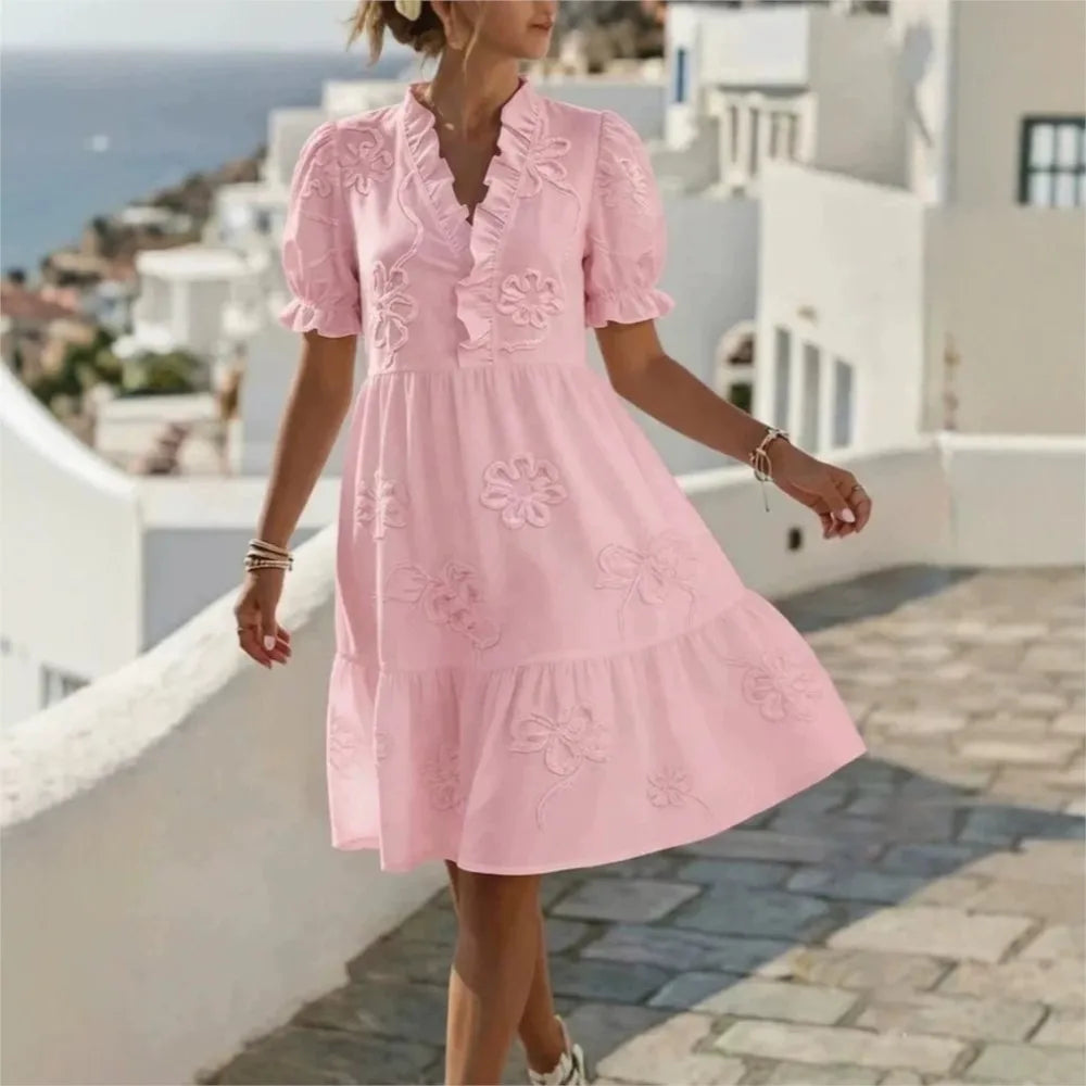 Pearl's Embroidered Puff Sleeve Dress
