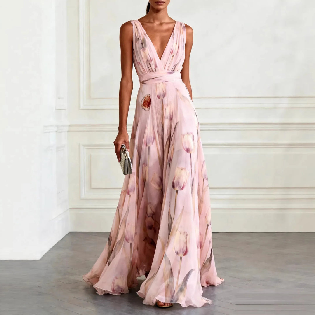 Cosima | Tulip Print Chiffon V-Neck Maxi Dress