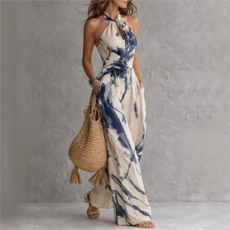 Sylvie | Watercolour Print Halter Jumpsuit