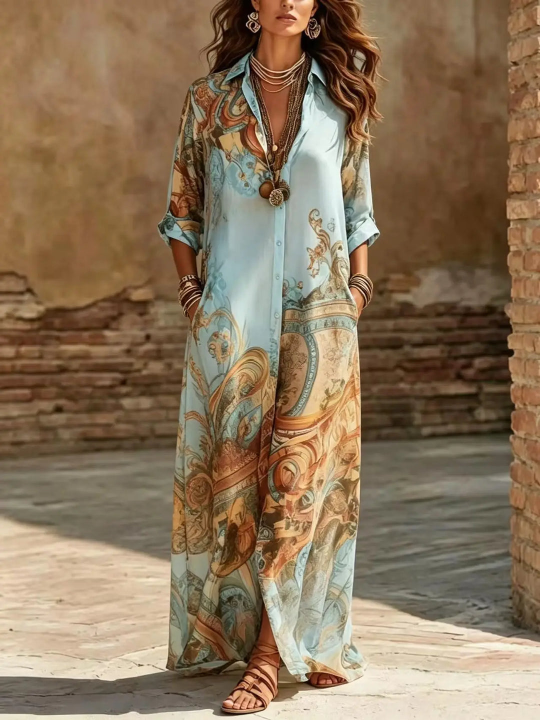 Saffron | Boho Print Button-Down Shirt Maxi Dress