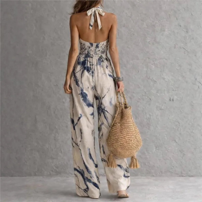Sylvie | Watercolour Print Halter Jumpsuit