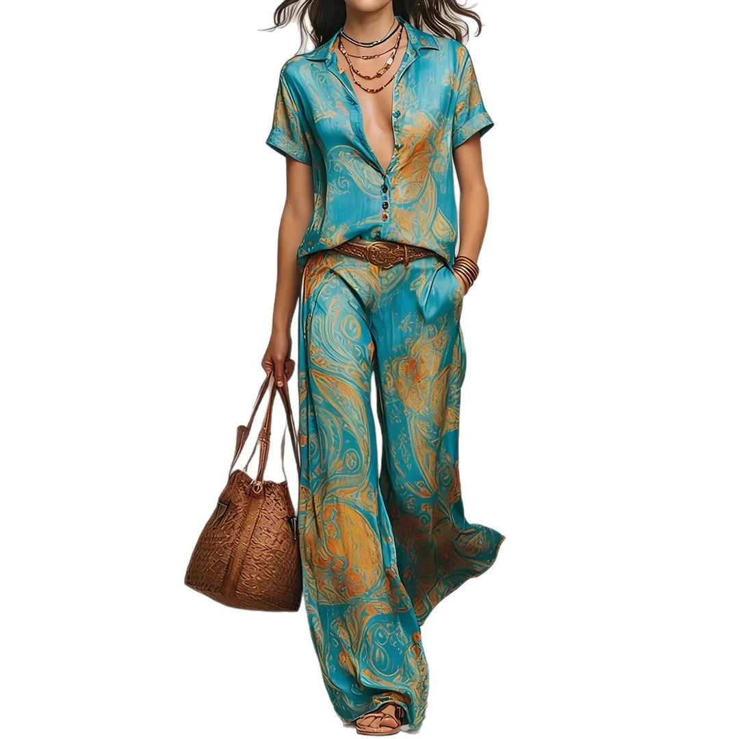 Sabine | Vintage Print Two-Piece Shirt and Wide-Leg Set