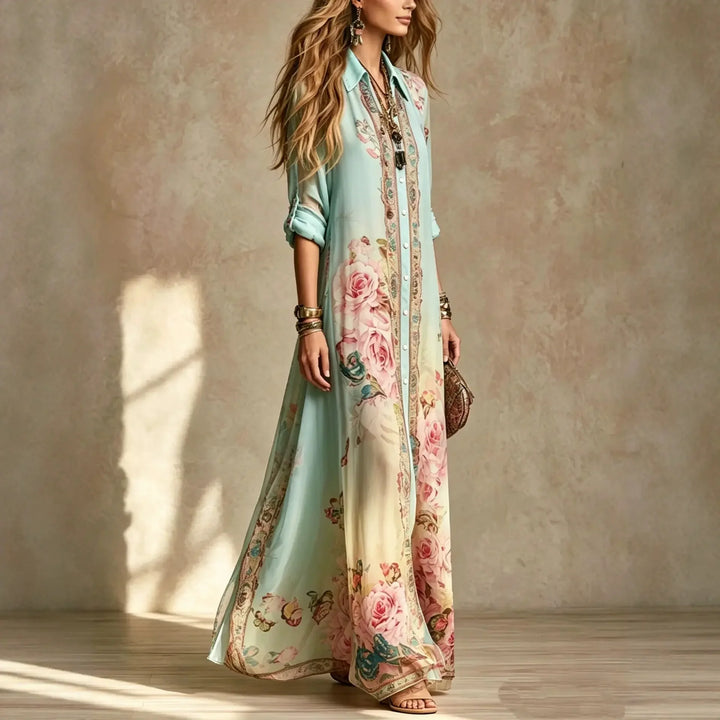 Ottilie | Boho Floral Print Shirt Maxi Dress