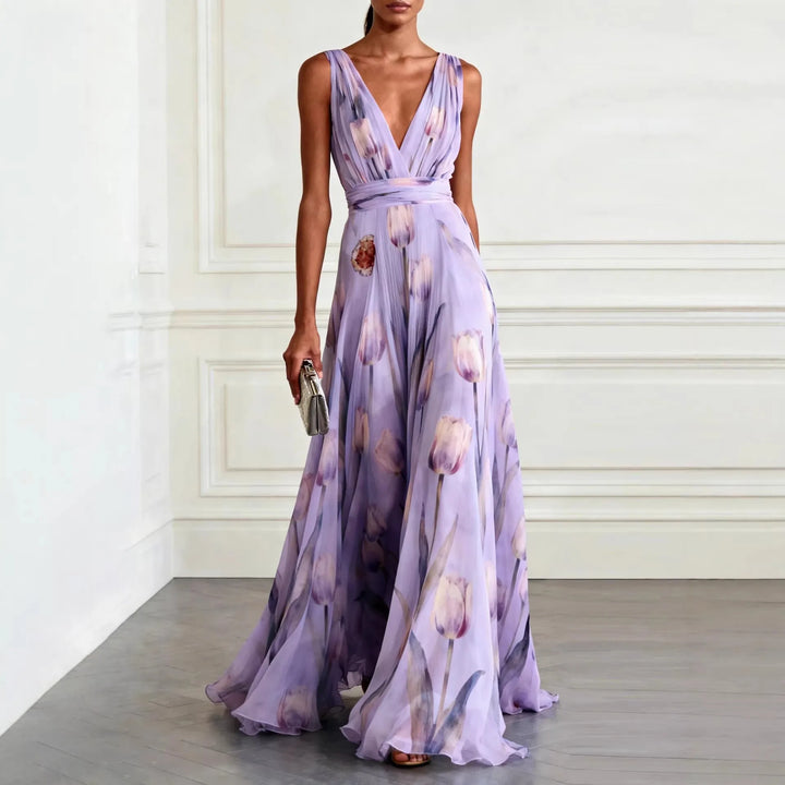 Cosima | Tulip Print Chiffon V-Neck Maxi Dress