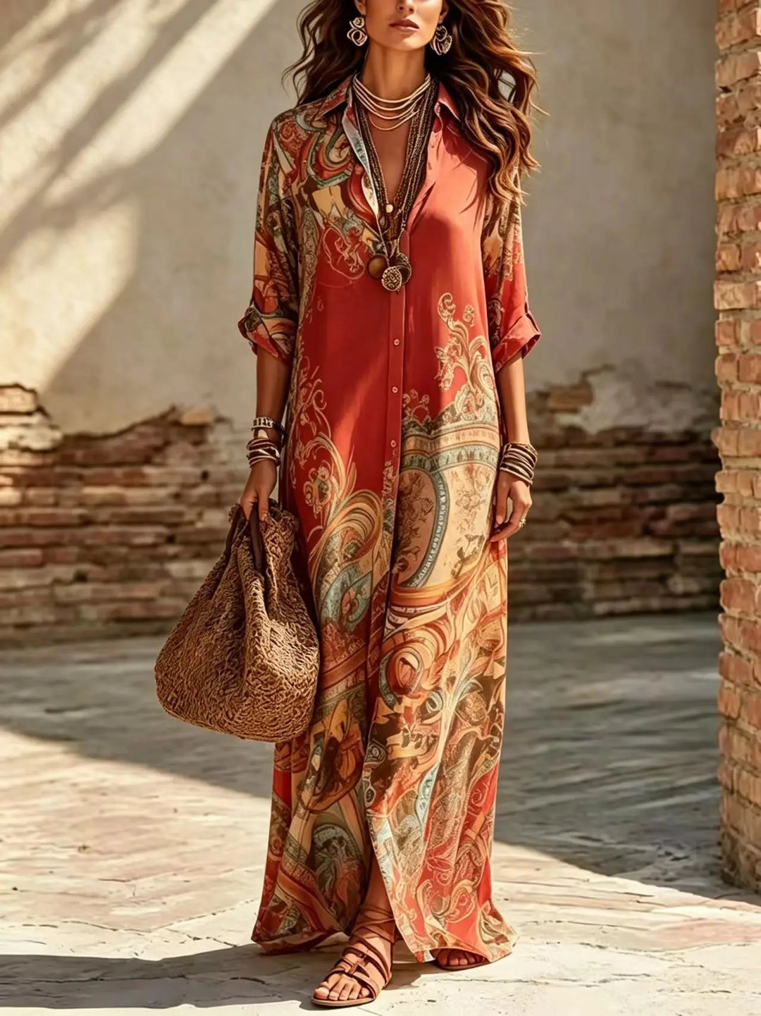 Saffron | Boho Print Button-Down Shirt Maxi Dress