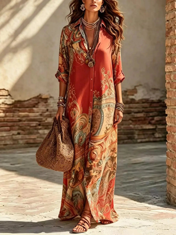 Saffron | Boho Print Button-Down Shirt Maxi Dress