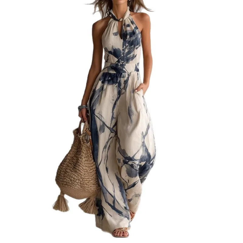 Sylvie | Watercolour Print Halter Jumpsuit