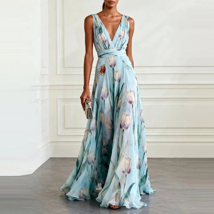 Cosima | Tulip Print Chiffon V-Neck Maxi Dress