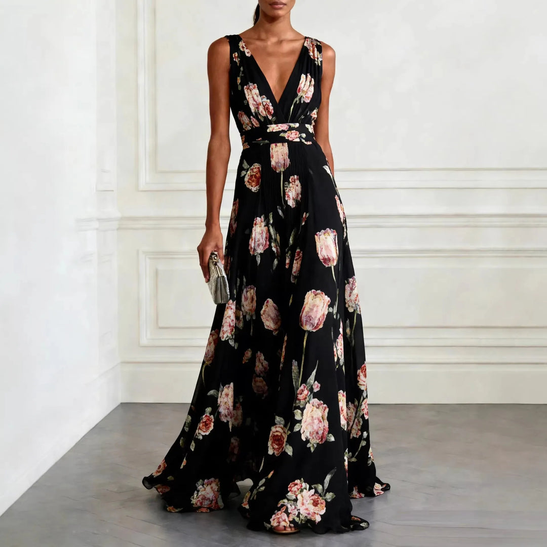 Cosima | Tulip Print Chiffon V-Neck Maxi Dress