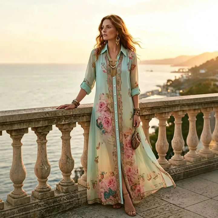 Ottilie | Boho Floral Print Shirt Maxi Dress