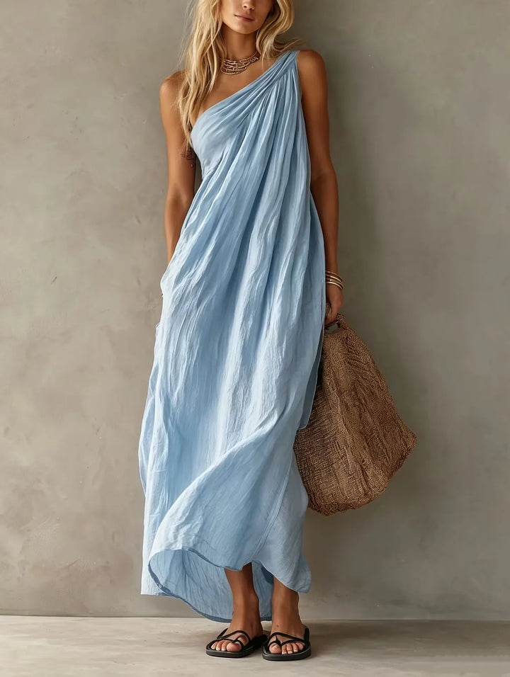 Thea | One-Shoulder Draped Linen-Look Maxi Dress