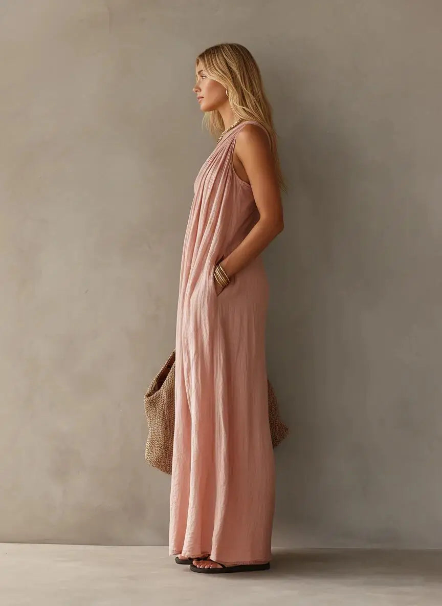 Thea | One-Shoulder Draped Linen-Look Maxi Dress