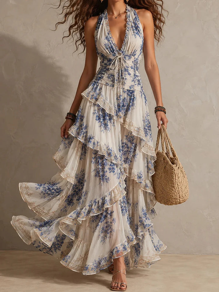 Mireille | Ruffled Halter Backless Print Maxi Dress