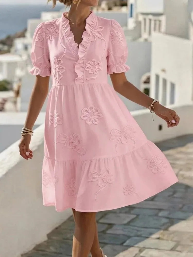 Pearl's Embroidered Puff Sleeve Dress
