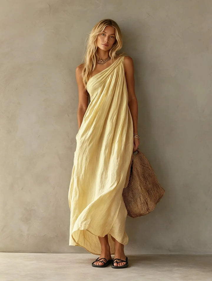 Thea | One-Shoulder Draped Linen-Look Maxi Dress