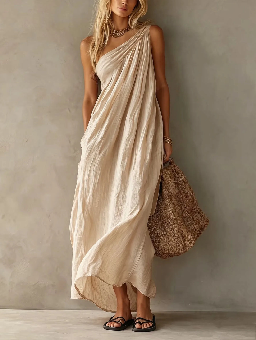Thea | One-Shoulder Draped Linen-Look Maxi Dress